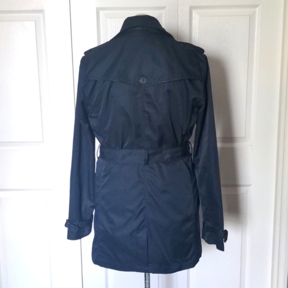 Navy Blue Trench Coat with Faux Leather Trim - Picture 2 of 9